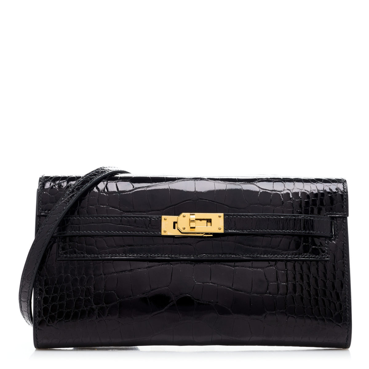 HERMES Shiny Alligator Kelly Wallet To Go Black