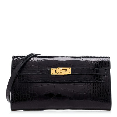 HERMES Shiny Alligator Kelly Wallet To Go Black