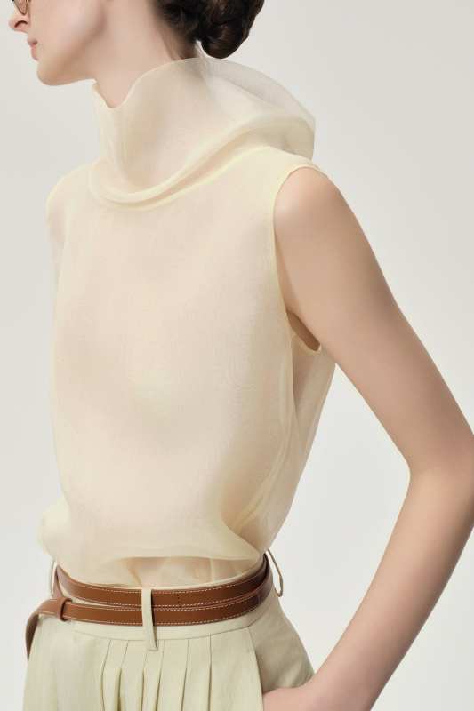 FRONT ROW SHOP Silk Organza Turtleneck Top Butter