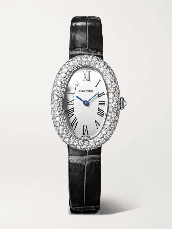 Cartier Baignoire 36mm medium 18-karat white gold, alligator and diamond watch