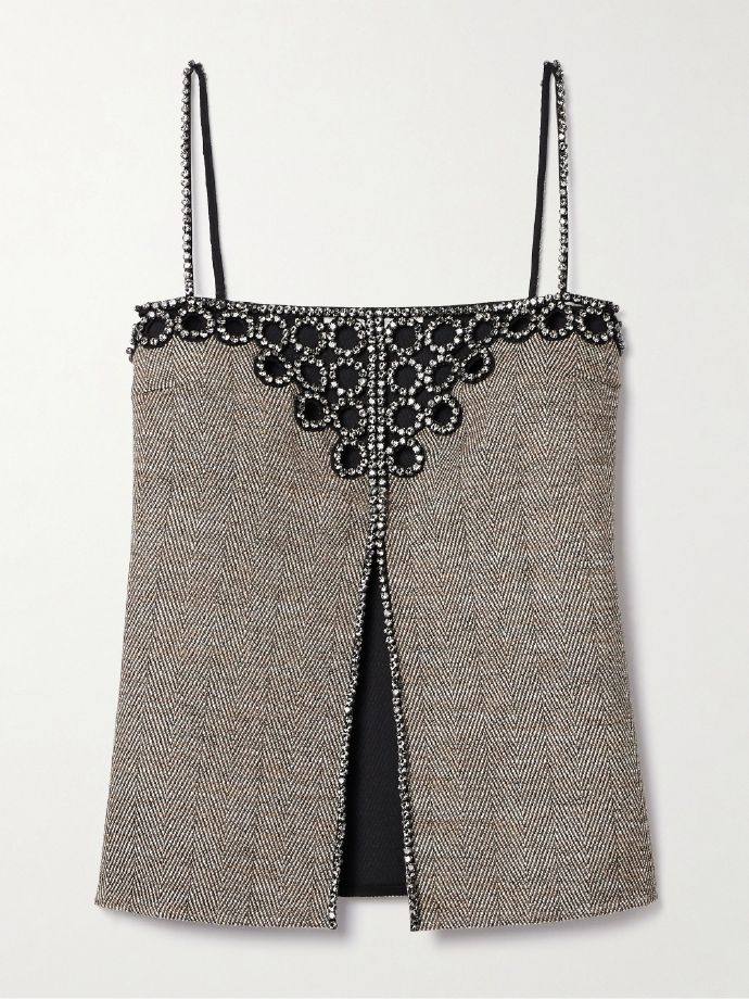 Stella McCartney Crystal-embellished herringbone wool-blend top