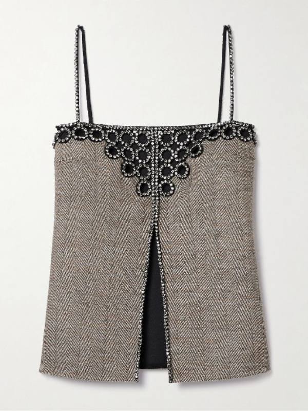 Stella McCartney Crystal-embellished herringbone wool-blend top