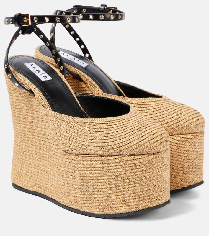 ALAIA LA leather-trimmed paper straw wedges