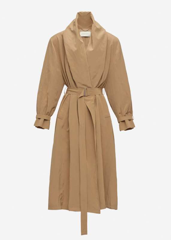 MAGDA BUTRYM Draped collar viscose and linen trench in beige