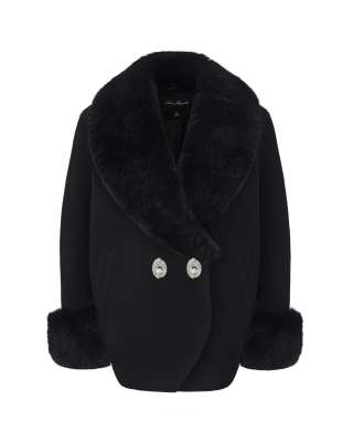 Nana Jacqueline Althea Faux Fur Collar Cocoon Coat (Black)