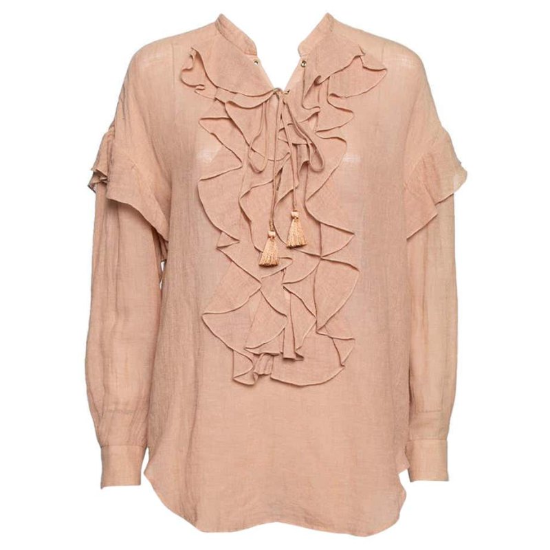 Chloe Beige Cotton Ruffle and Lace Up Front Blouse