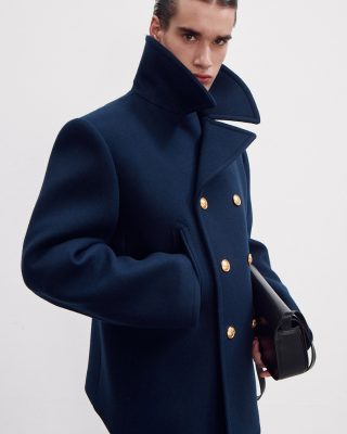 RECTO DOUBLE BREASTED FELT WOOL PEA COAT NAVY