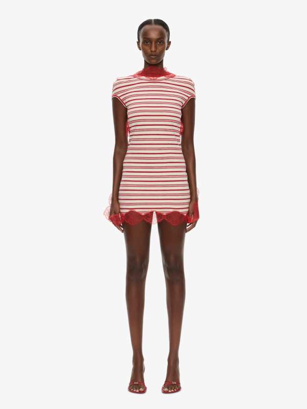 Christopher Esber Stripe Jersey Lace Trimmed Tee Dress