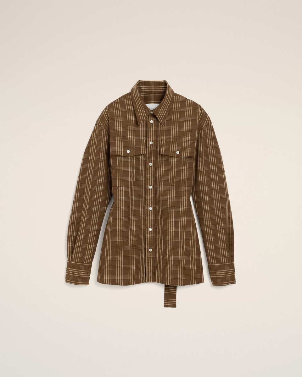 AMI Brown fitted checkered wool shirt
