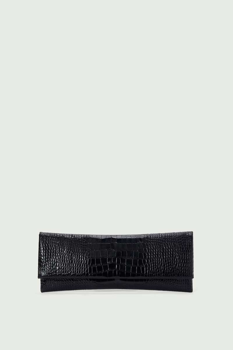 Soeur Black crocodile-embossed leather clutch bag