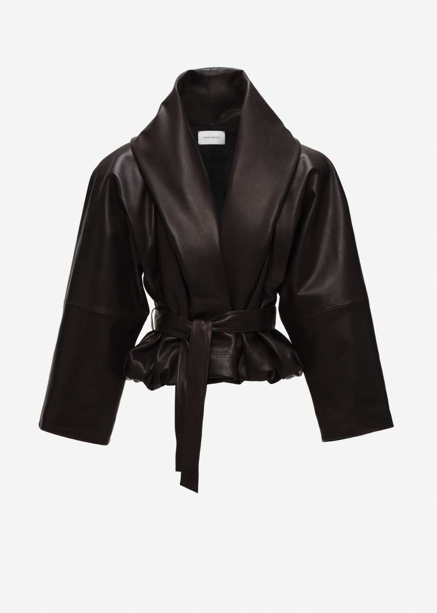 MAGDA BUTRYM Belted peplum leather jacket in dark brown