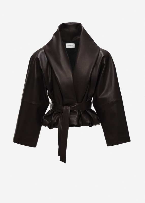 MAGDA BUTRYM Belted peplum leather jacket in dark brown