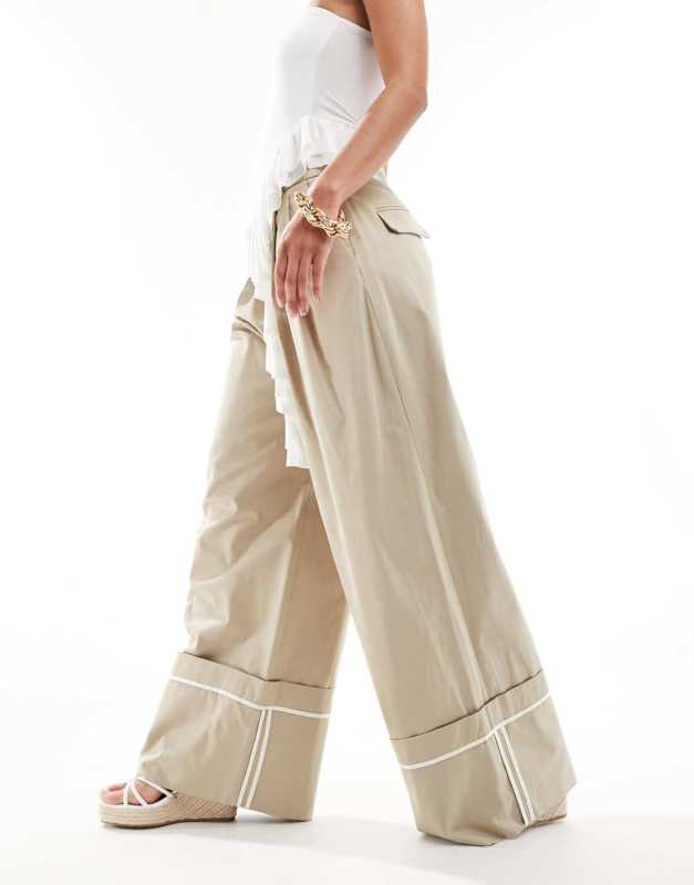 MANGO Wide leg cuffed pants in tan