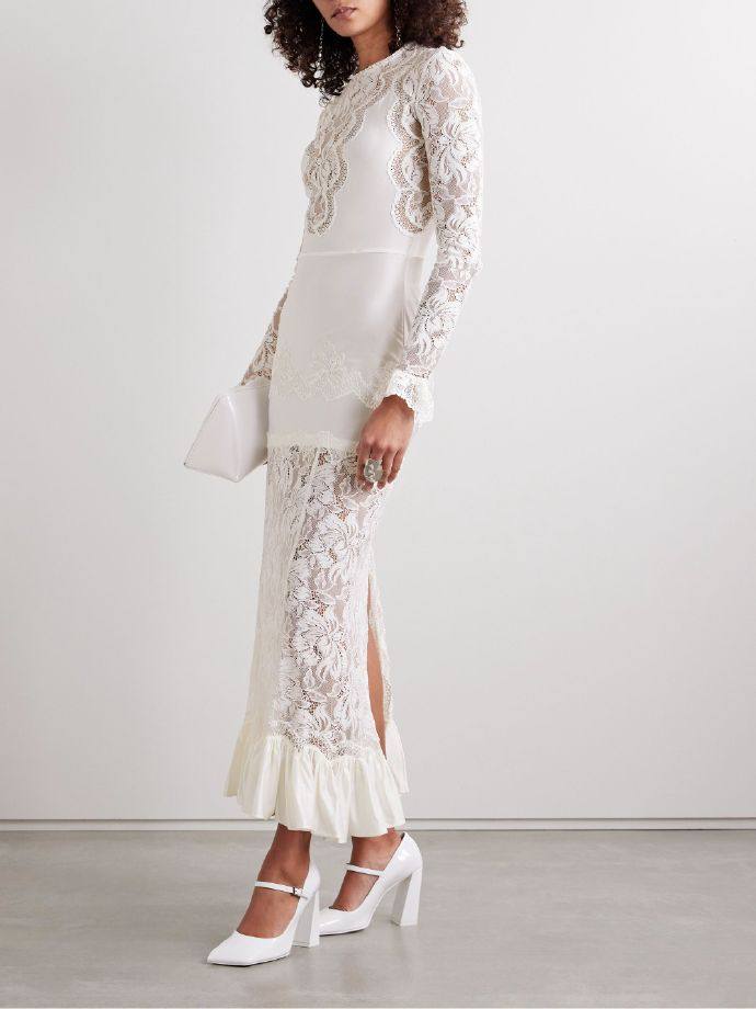 Rabanne Ruffled satin and lace midi dress