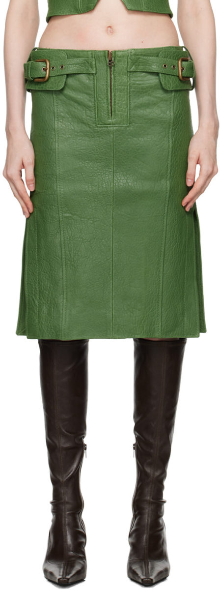 KNWLS Green Velox Leather Midi Skirt