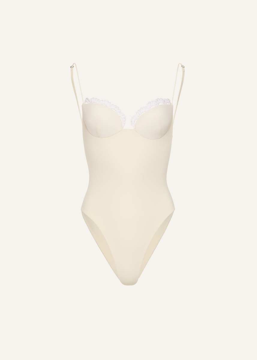 MAGDA BUTRYM Crochet-trim bustier swimsuit in cream
