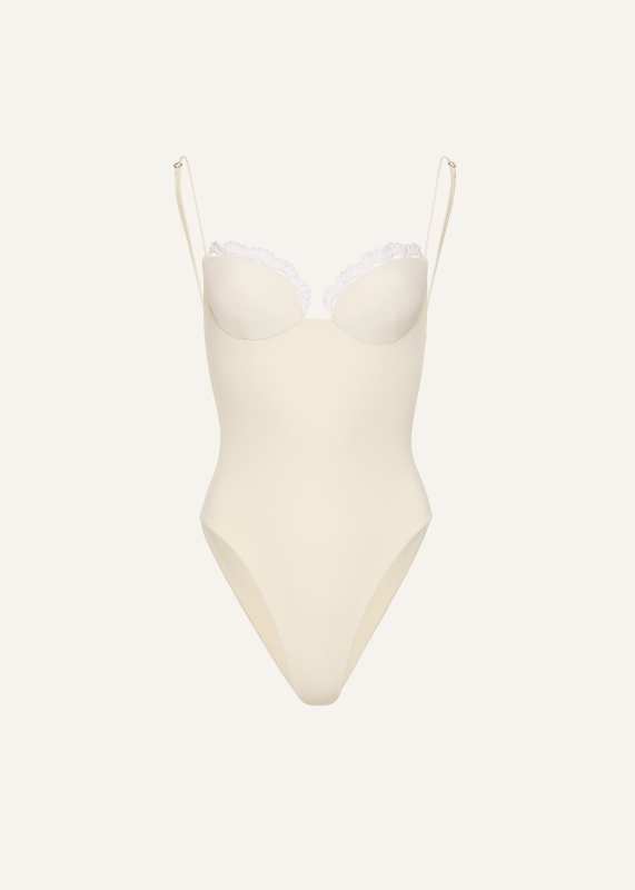 MAGDA BUTRYM Crochet-trim bustier swimsuit in cream