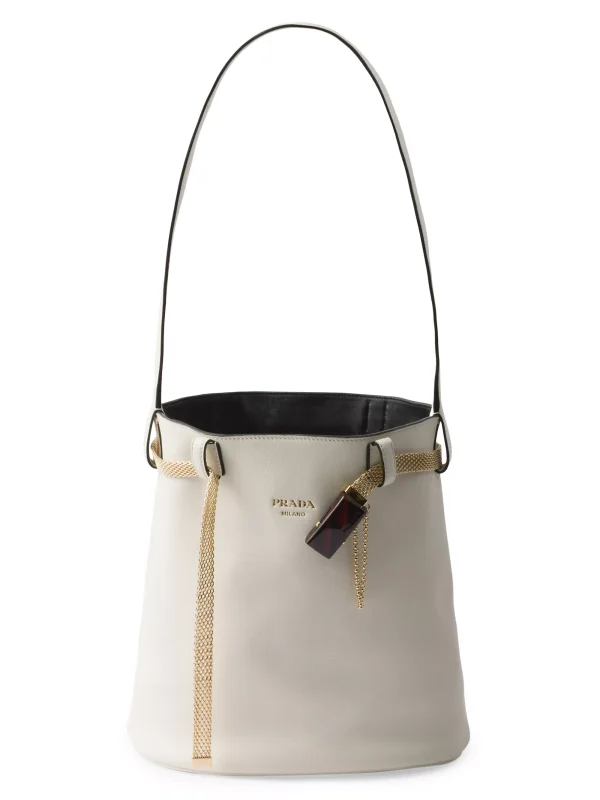 PRADA Buckle Leather Bucket Bag with Jeweled Belt