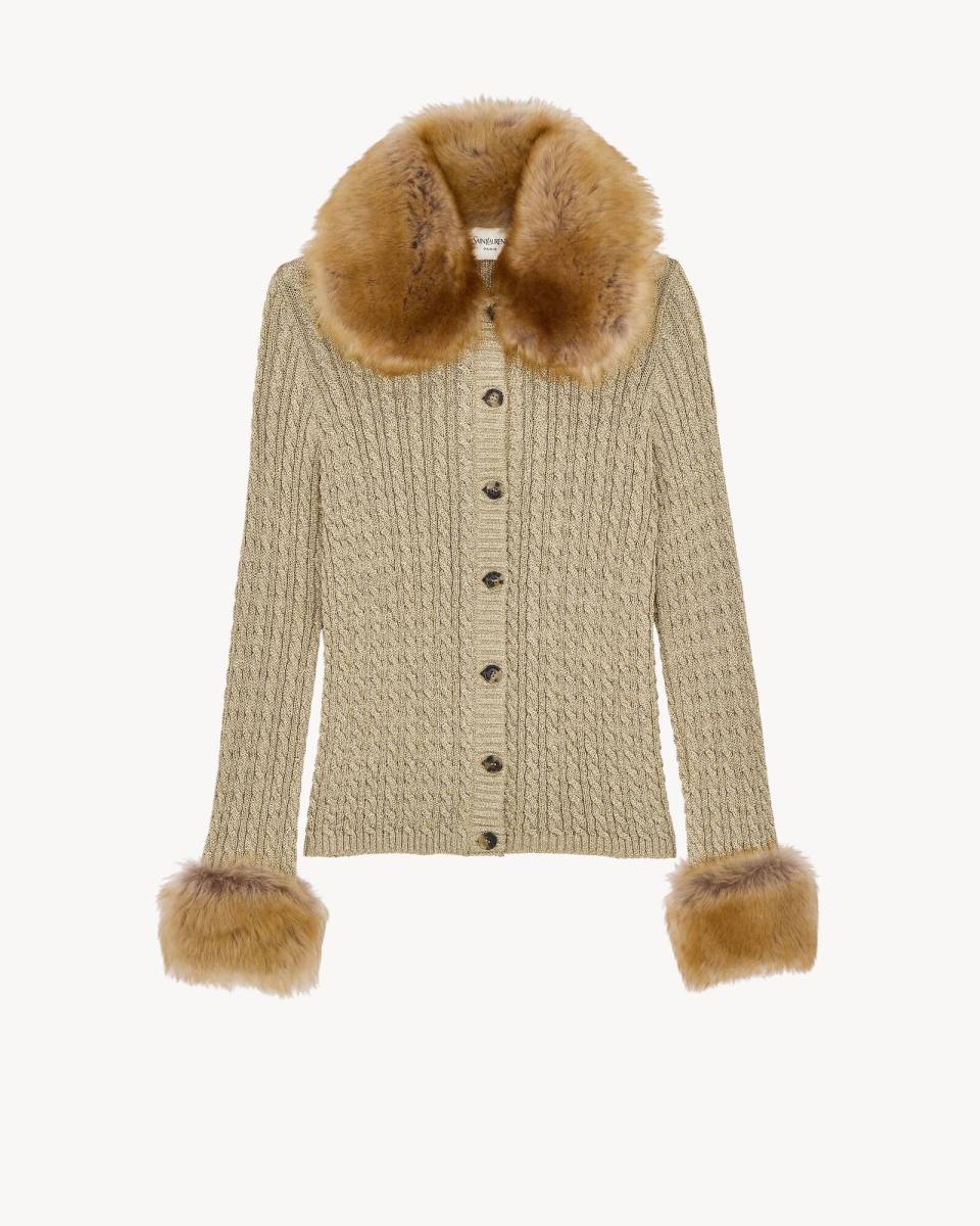 Saint Laurent cable-knit cardigan in lurex and shearling in gold
