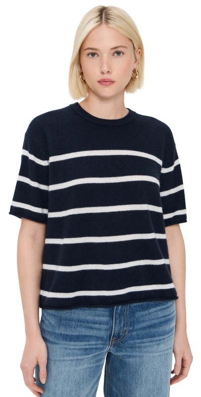 White + Warren Cashmere Roll Trim T-Shirt Deep Navy/Soft White