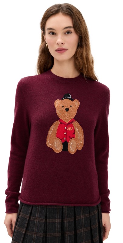Lingua Franca Bo Bear Cashmere Crew Neck Pullover Maroon