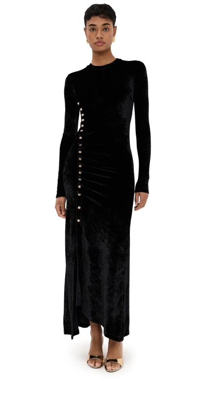 rabanne Long Draped Dress in Velvet Black