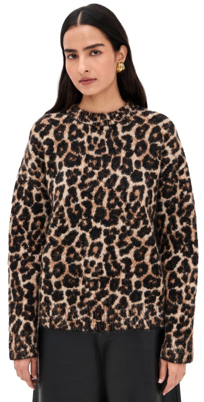 ANINE BING Sydney Crew Sweater Black and Brown Leopard