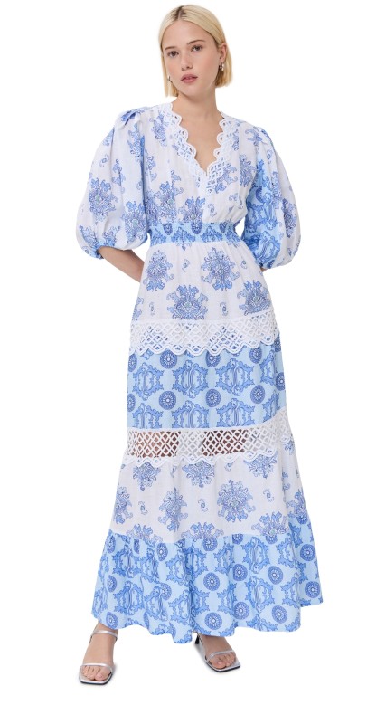 Temptation Positano Congo Printed and Embroidered Long Dress White/Blue