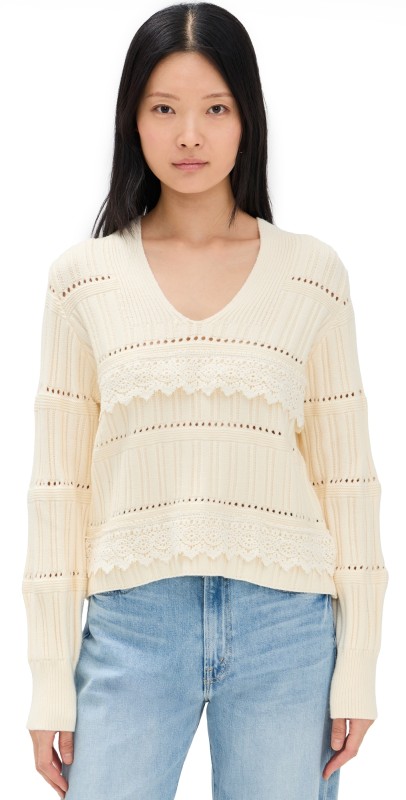 Line & Dot Lace Detailed Knit Sweater Cream