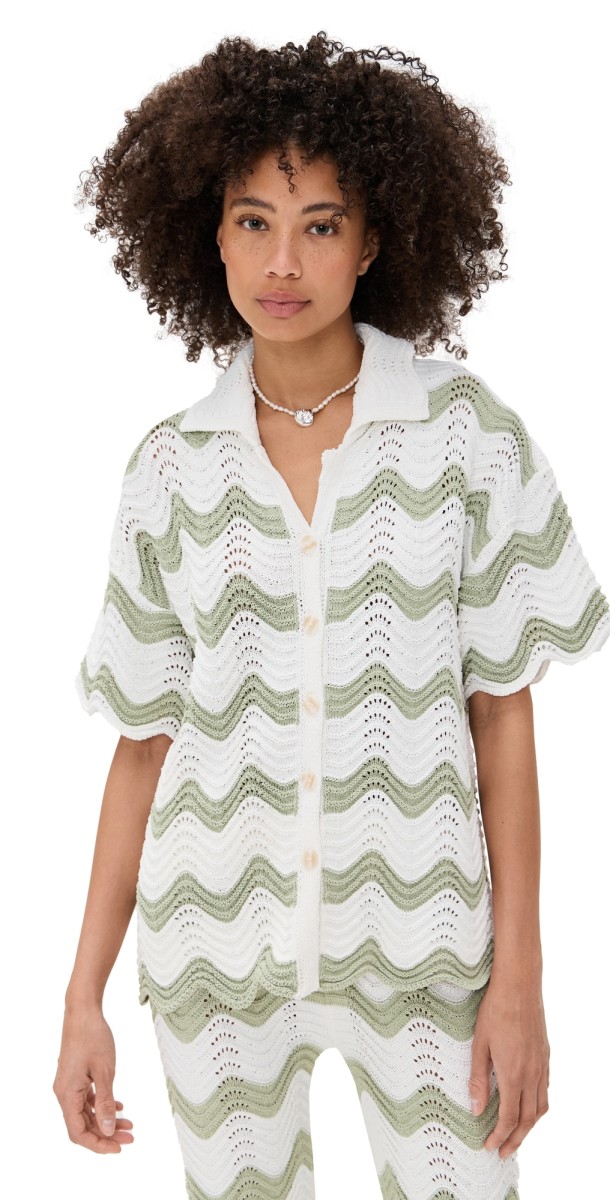 MINKPINK Jayden Crochet Wave Shirt Sage/White