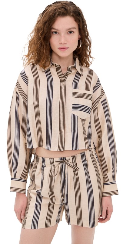 rag & bone Beatrice Cropped Linen Shirt Cream Stripe