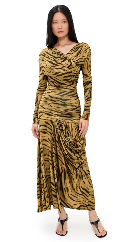 GANNI Printed Shiny Jersey Ruched Long Dress Khaki