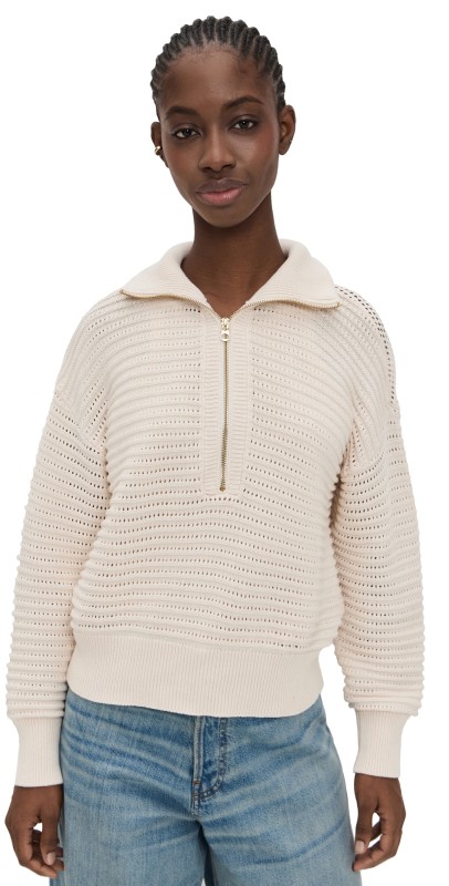 Varley Tara Pointelle Half Zip Sweater Whitecap Grey