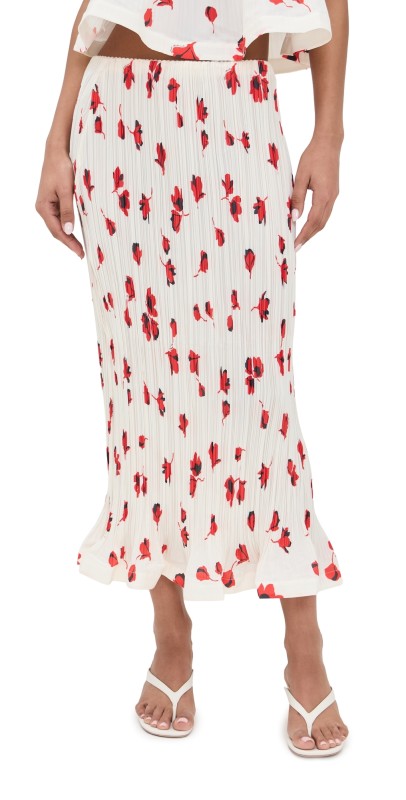 Self Portrait White Floral Plisse Midi Skirt White