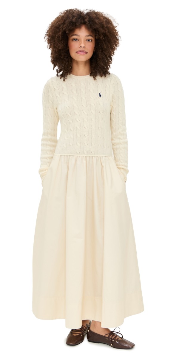 Polo Ralph Lauren Mixed Media Crew Neck Dress Authentic Cream
