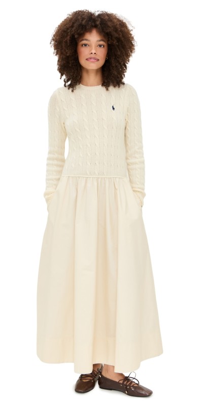 Polo Ralph Lauren Mixed Media Crew Neck Dress Authentic Cream