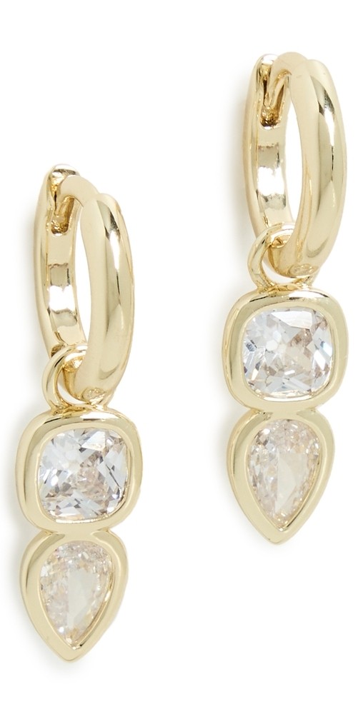 By Adina Eden Cubic Zirconia Bezel Square x Teardrop Dangle Huggie Earrings Gold