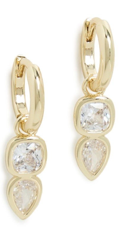 By Adina Eden Cubic Zirconia Bezel Square x Teardrop Dangle Huggie Earrings Gold