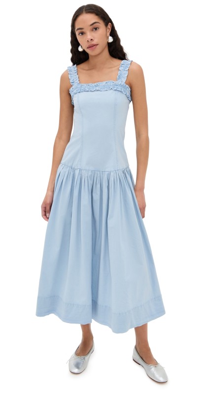 GANNI Washed Stretch Cotton Strap Corset Long Dress Soft Chambray