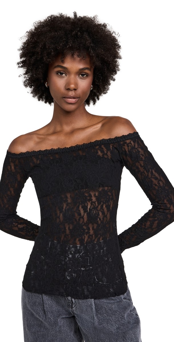 Hanky Panky Sig Lace Off Shoulder Long Sleeve Top Black