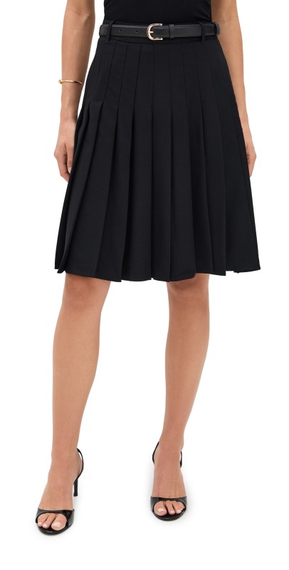 Self Portrait Black Pleated Twill Midi Skirt Black