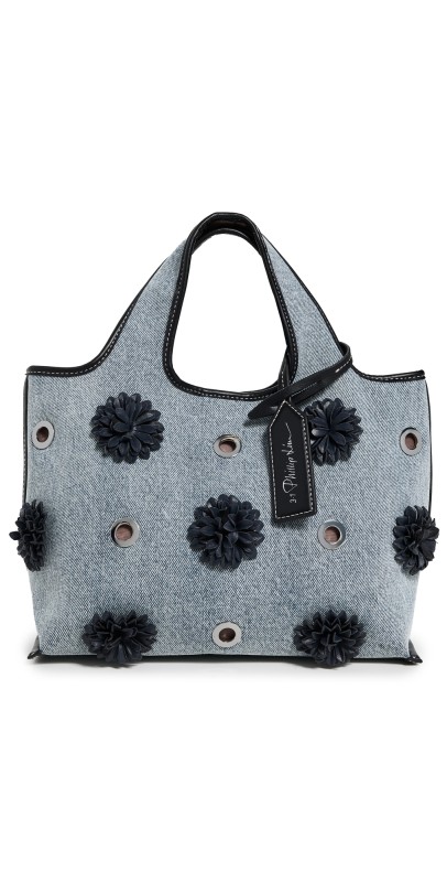 3.1 Phillip Lim Denim Mini Market Tote with Leather Flowers Washed Indigo