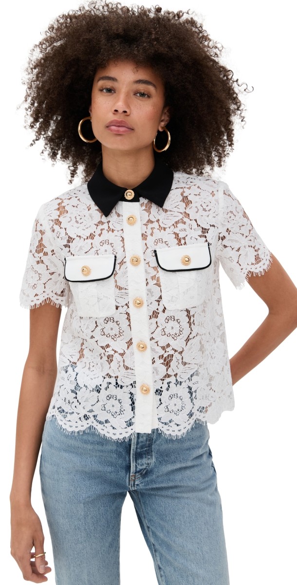 Self Portrait White Lace Contrast Collar Top White