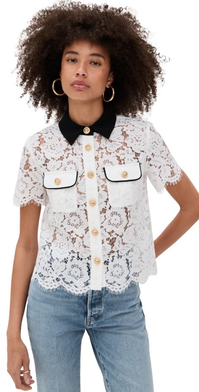 Self Portrait White Lace Contrast Collar Top White