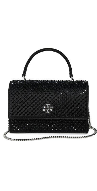 Tory Burch Kira Satin Embellished Mini Top Handle Wallet on Chain Black