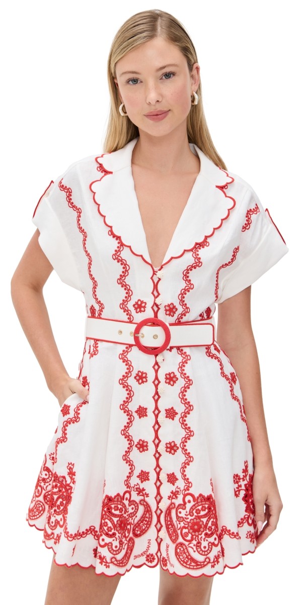 Zimmermann Lucky Embroidered Mini Dress Ivory/Red