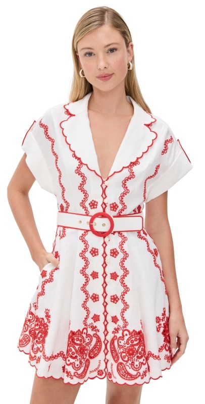 Zimmermann Lucky Embroidered Mini Dress Ivory/Red