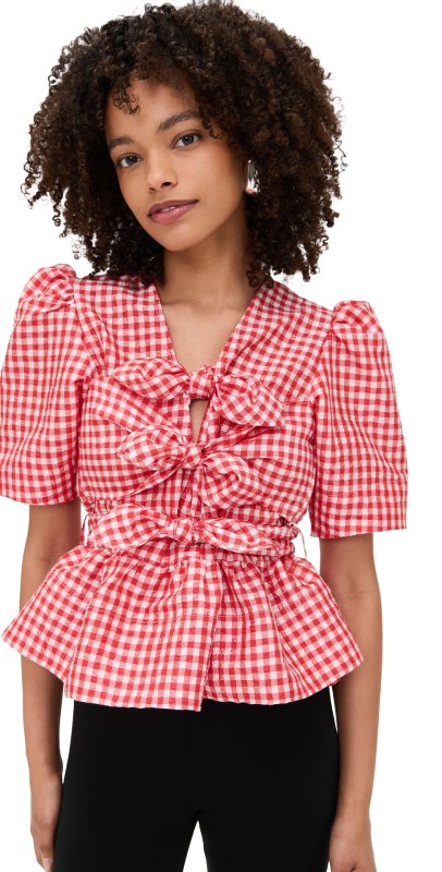 GANNI Crinkled Taffeta Check Tie Strap Blouse Red Alert