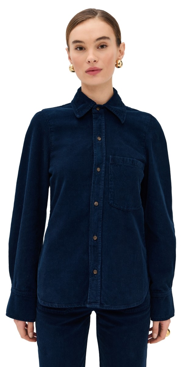 Victoria Beckham Shoulder Detail Slim Corduroy Shirt Indigo Garment Dye