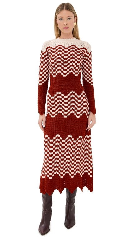 ESCVDO Musa Long Sleeve Maxi Dress Burgundy/Ivory